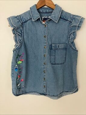 Pilcro Custom Made Embroidered Denim Ruffle-Sleeve Shirt